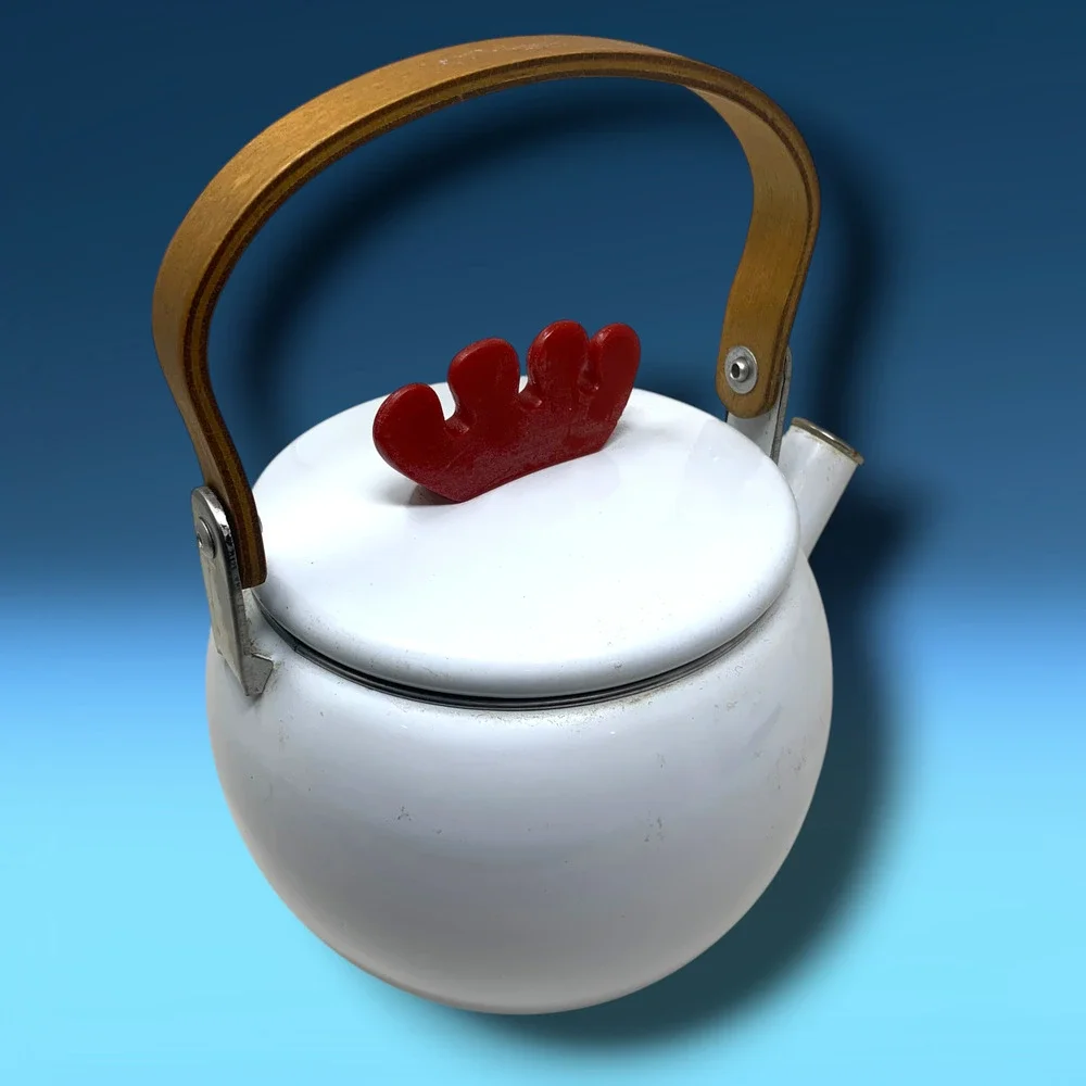 Vintage Rooster Enamel Tea Kettle White Country Farmhouse Wood Handle 8